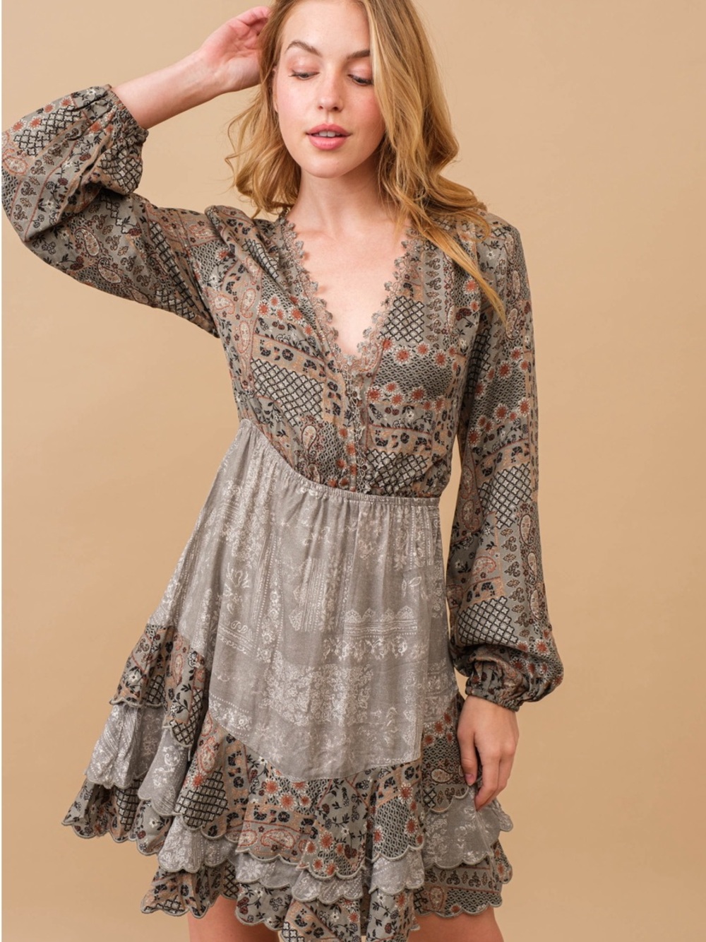 Blue B Vintage Paisley Pattern Scalloped Tiered Wrap Lace Trim Mini Dress
